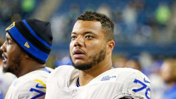 Oct 7, 2021; Seattle, Washington, USA; Los Angeles Rams offensive tackle Joe Noteboom (70) stands on the sideline during the fourth quarter against the Seattle Seahawks at Lumen Field. Mandatory Credit: Joe Nicholson-USA TODAY Sports